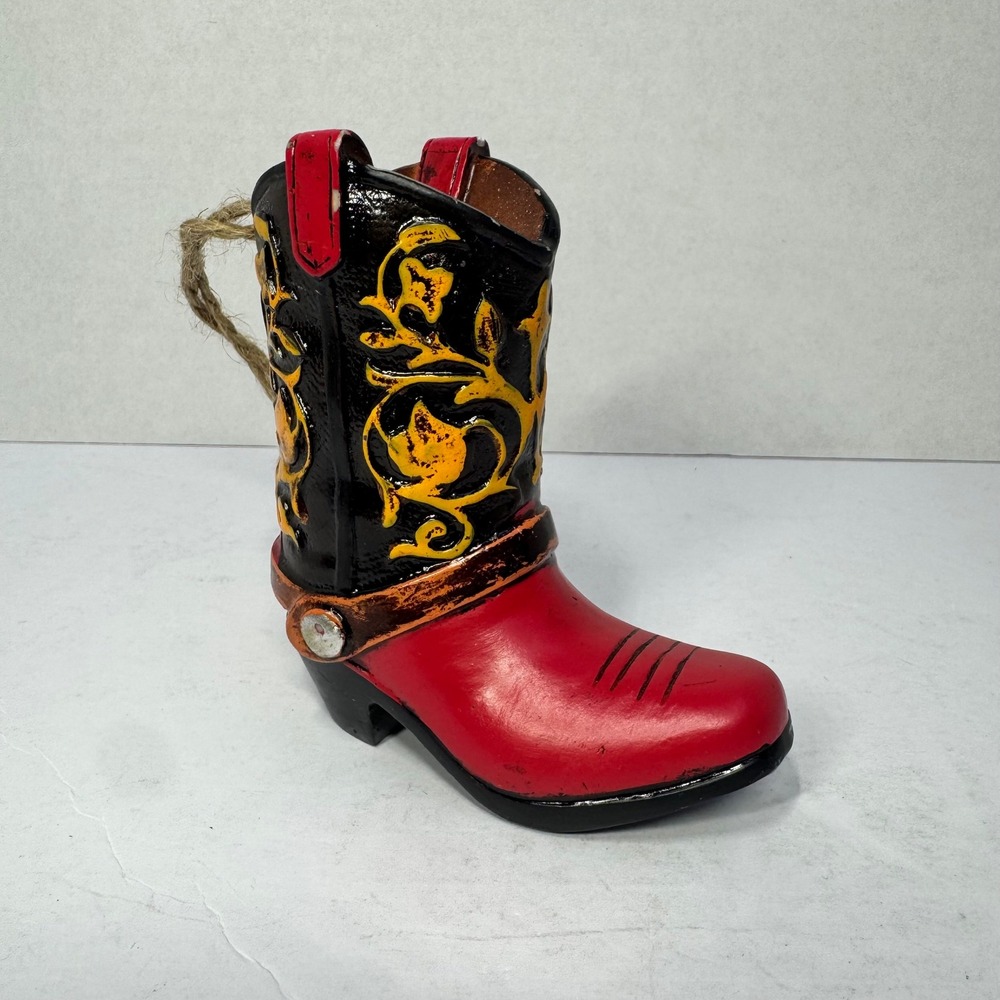 Western Cowboy Boot Ornament Red‎ Black Yellow Filigree Resin 4 Inch Hanging EUC